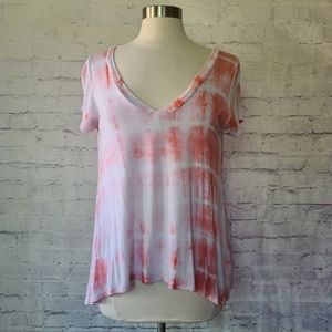 Ezra Coral Tie Dye Double-V Flowy Short Sleeve Swing Tee Medium